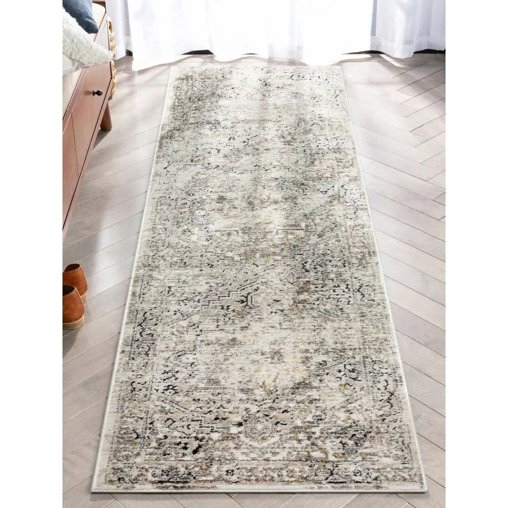 Heriz Medallion Modern Vintage Grey Ivory High-Low Rug