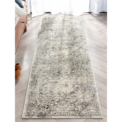 Heriz Medallion Modern Vintage Grey Ivory High-Low Rug