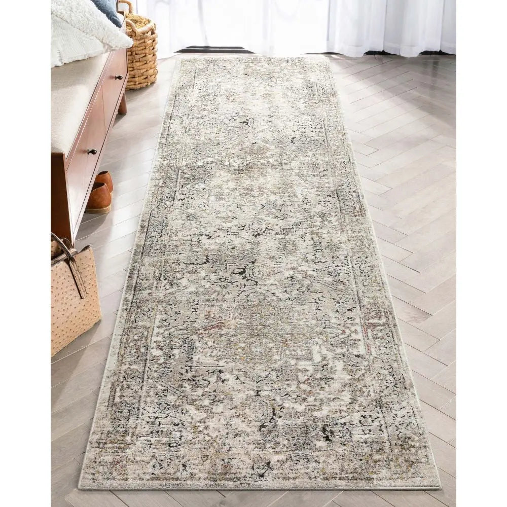Heriz Medallion Modern Vintage Grey Ivory High-Low Rug