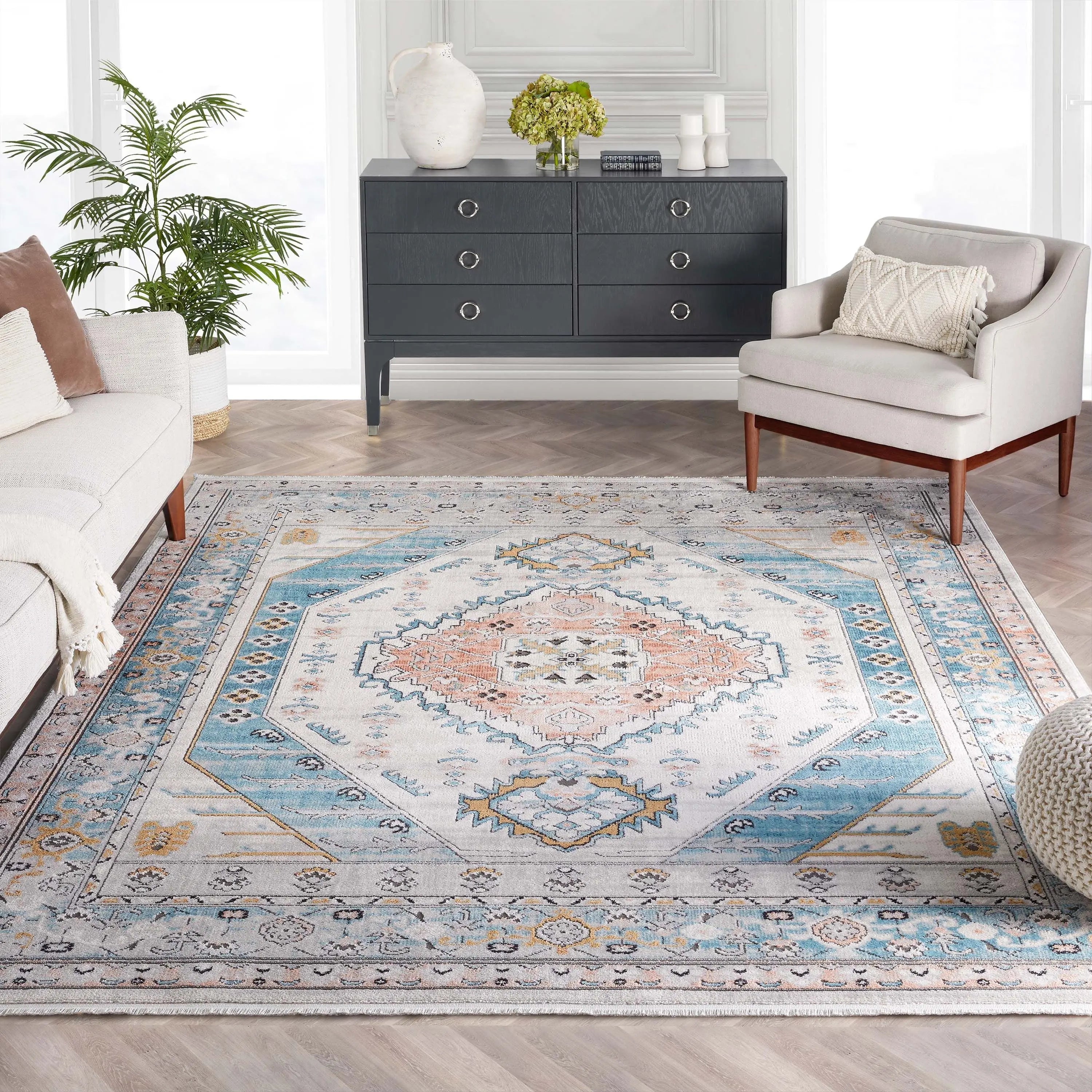 Jane Vintage Bohemian Aztec Tribal Blue Rug Well Woven