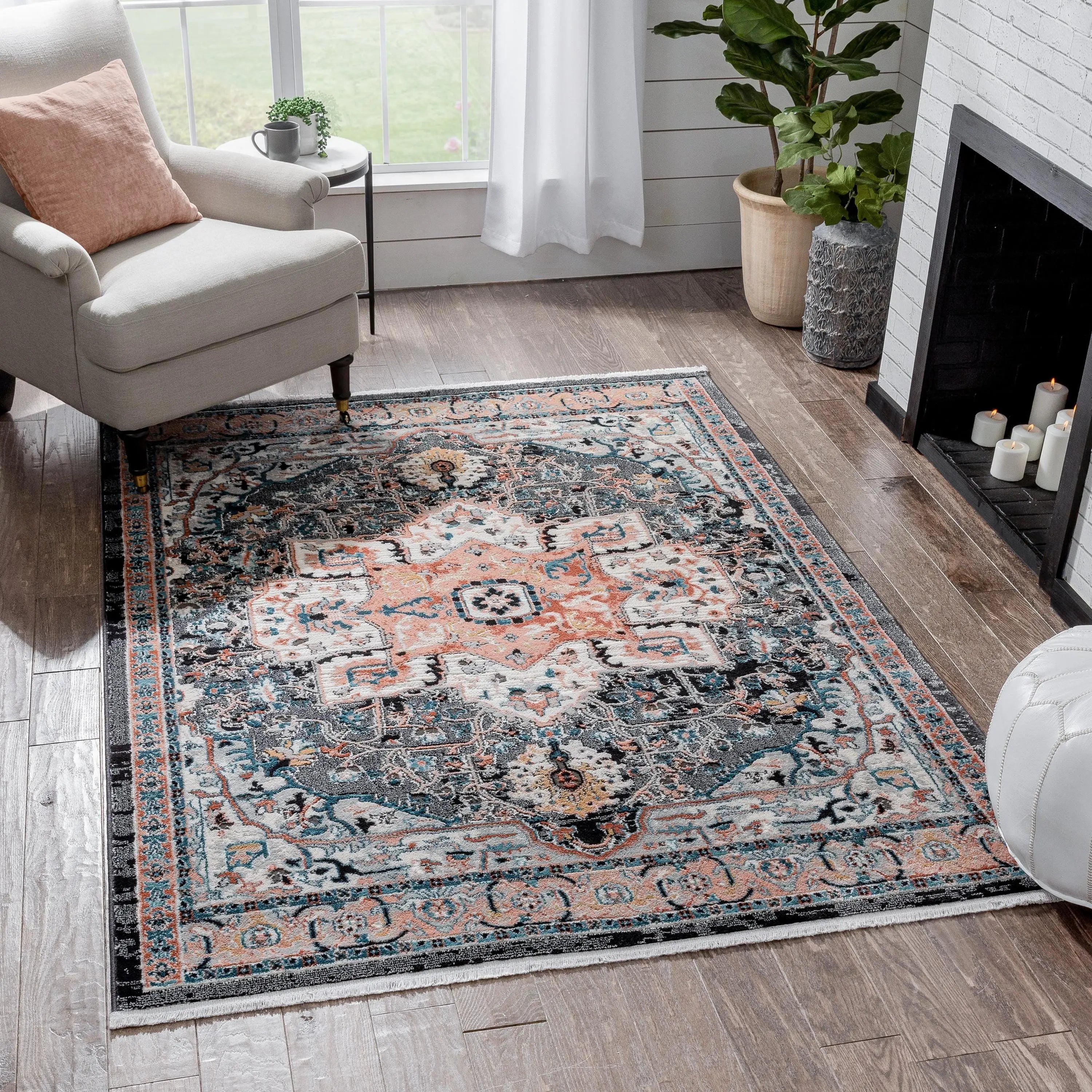 Minos Vintage Bohemian Oriental Floral Black Rug Well Woven