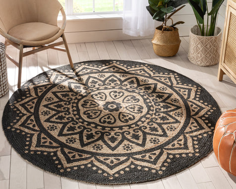 Kiera Bohemian Tribal Hand-Braided Jute Black Natural  Rug