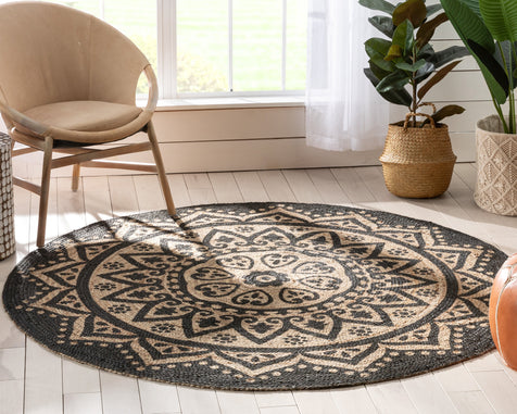 Kiera Bohemian Tribal Hand-Braided Jute Black Natural  Rug