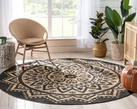 Kiera Bohemian Tribal Hand-Braided Jute Black Natural  Rug