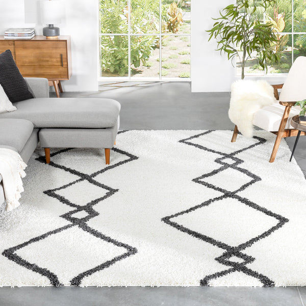 Lina Scandinavian Moroccan Lattice Ivory Thick  Nordic Shag Rug