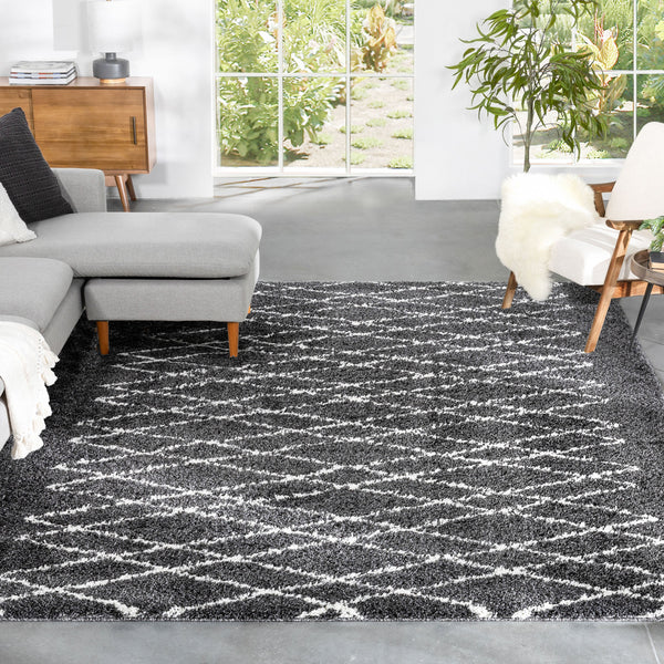 Soren Scandinavian Moroccan Lattice Dark Grey Thick  Nordic Shag Rug