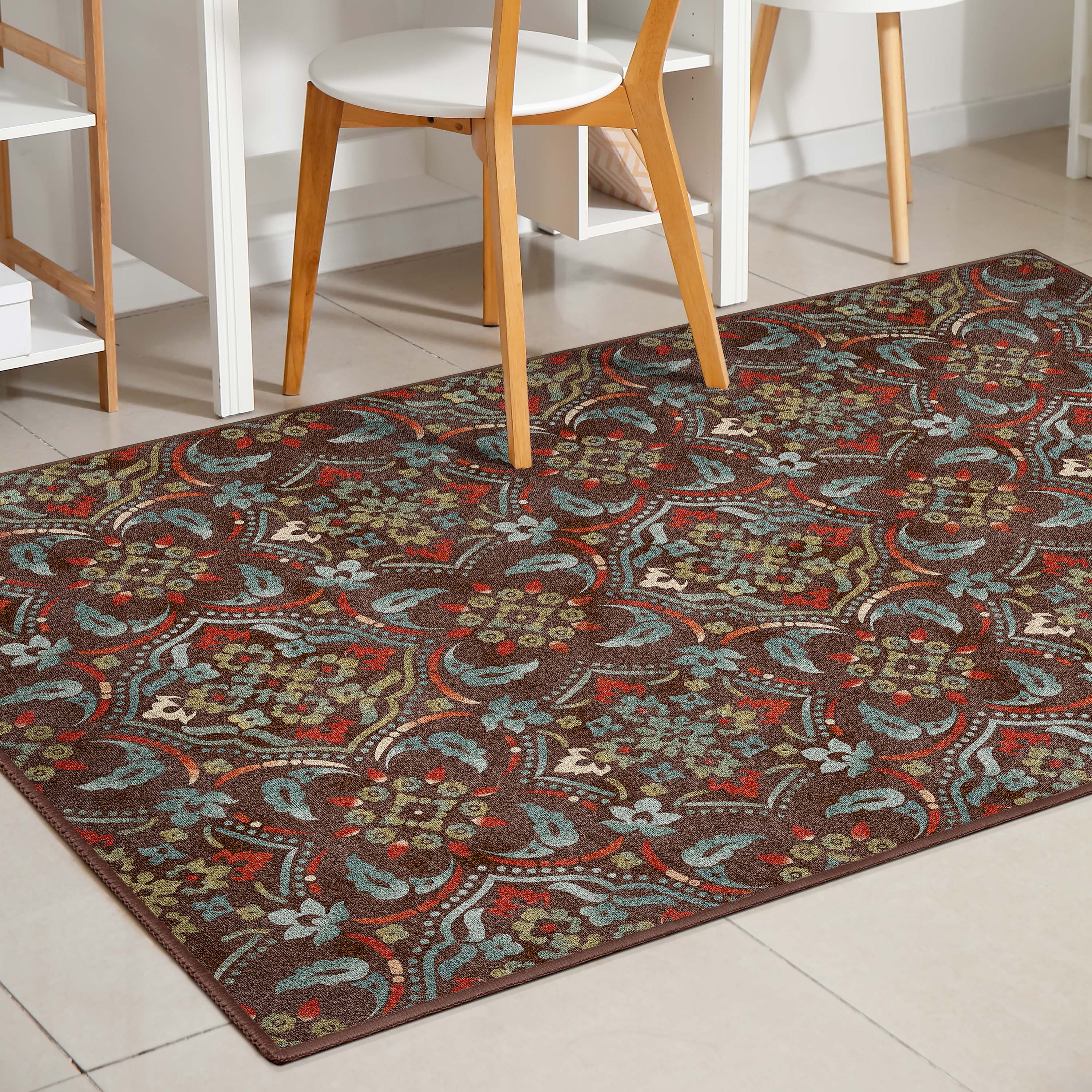 Florence Brown/Grey Floral Flat-Weave Cotton Backing Rug