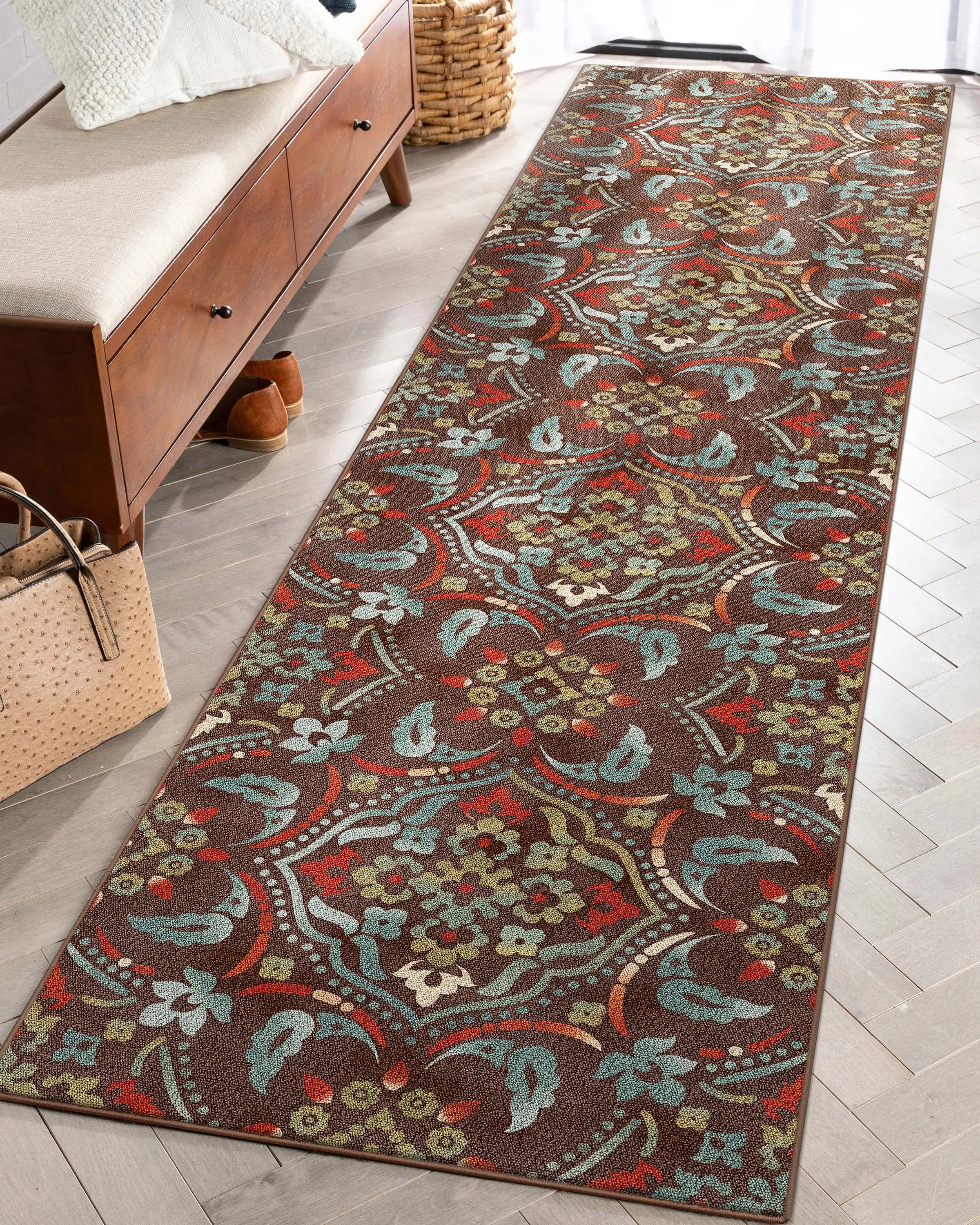 Florence Brown/Grey Floral Flat-Weave Cotton Backing Rug Well Woven