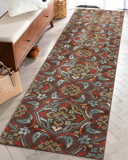 Florence Brown/Grey Floral Flat-Weave Cotton Backing Rug Well Woven