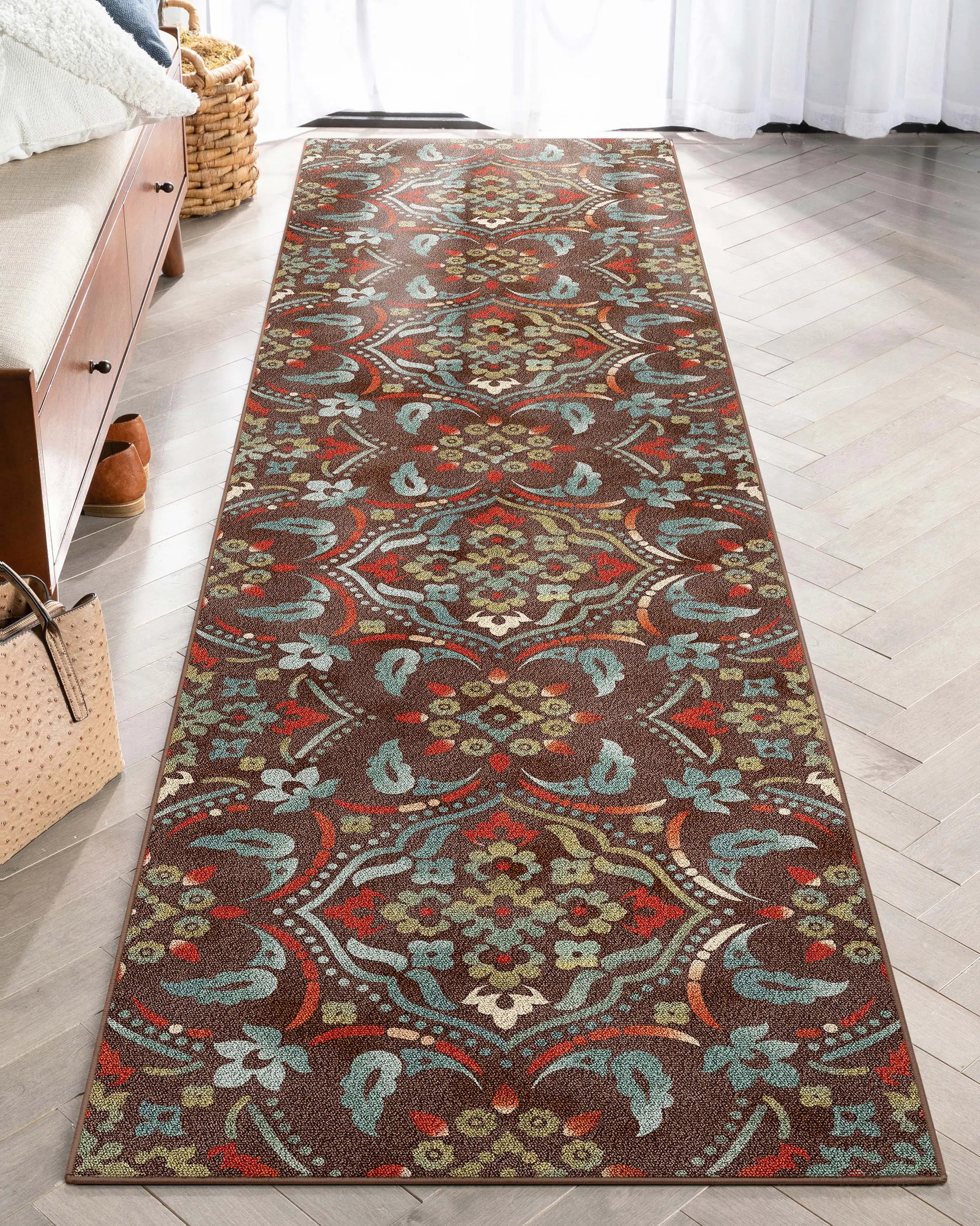 Florence Brown/Grey Floral Flat-Weave Cotton Backing Rug Well Woven