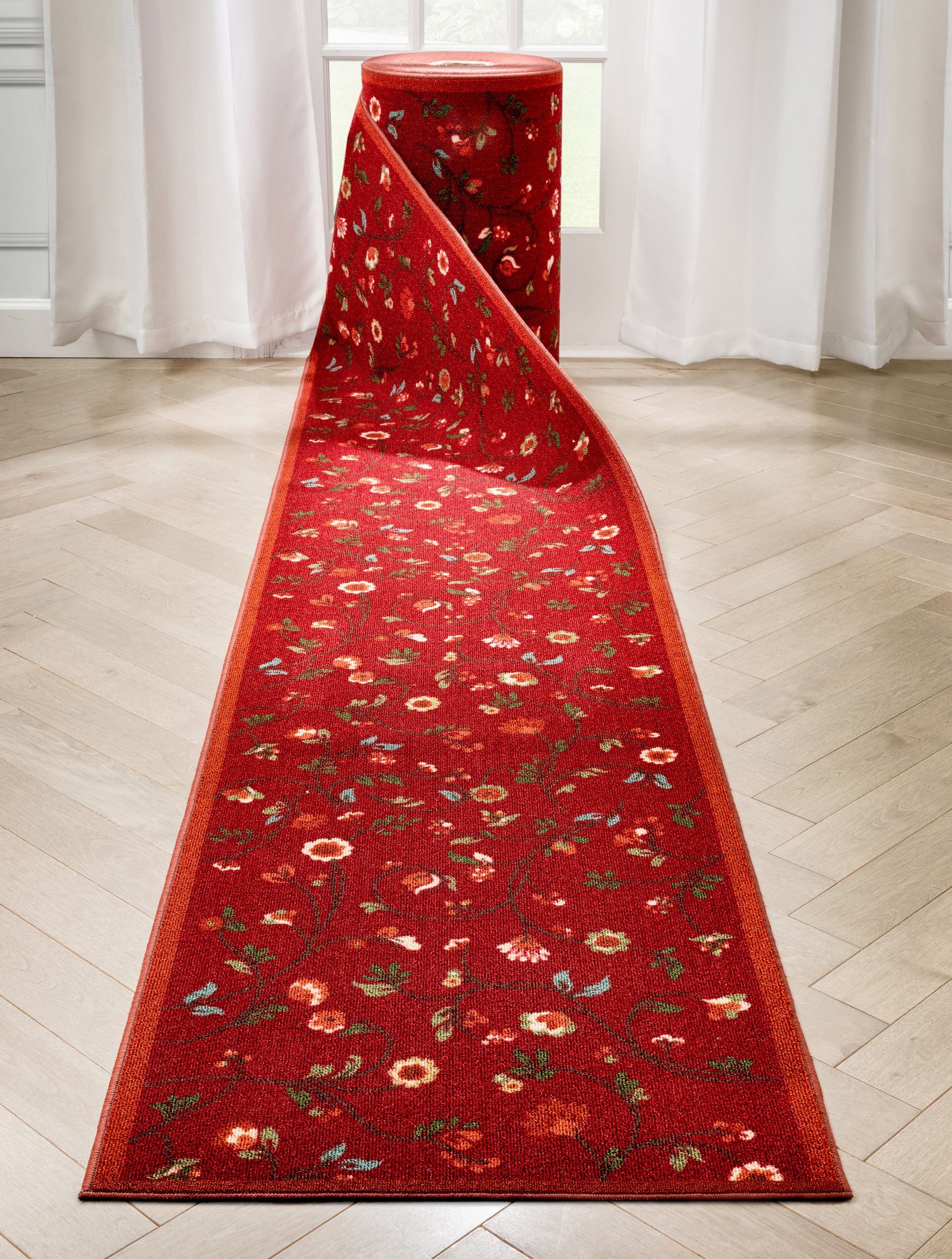 Custom Size Runner Judith Transitional Botanical Floral Red 22 Inch Wide x Choose Your Length Machine Washable Hallway Runner Rug