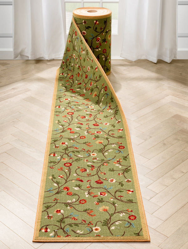 Custom Size Runner Judith Transitional Botanical Floral Green 22 Inch Wide x Choose Your Length Machine Washable Hallway Runner Rug