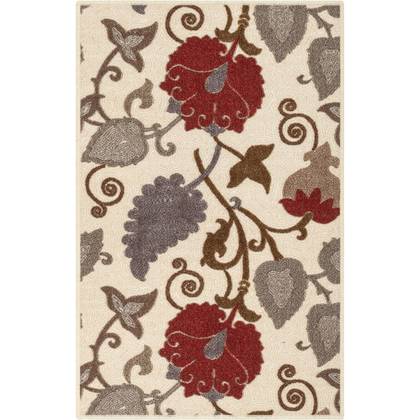 Lucy Transitional Botanical Floral Ivory Red Non-Slip Machine Washable Low Pile Indoor/Outdoor Rug