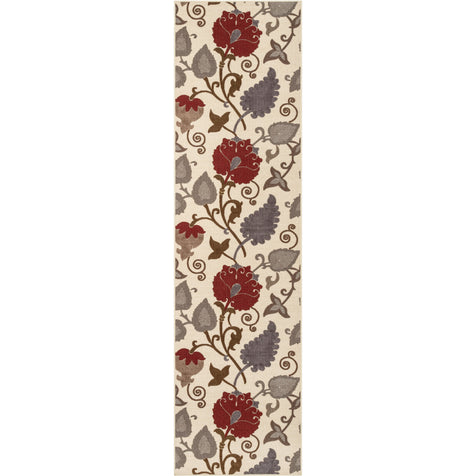 Lucy Transitional Botanical Floral Ivory Red Non-Slip Machine Washable Low Pile Indoor/Outdoor Rug