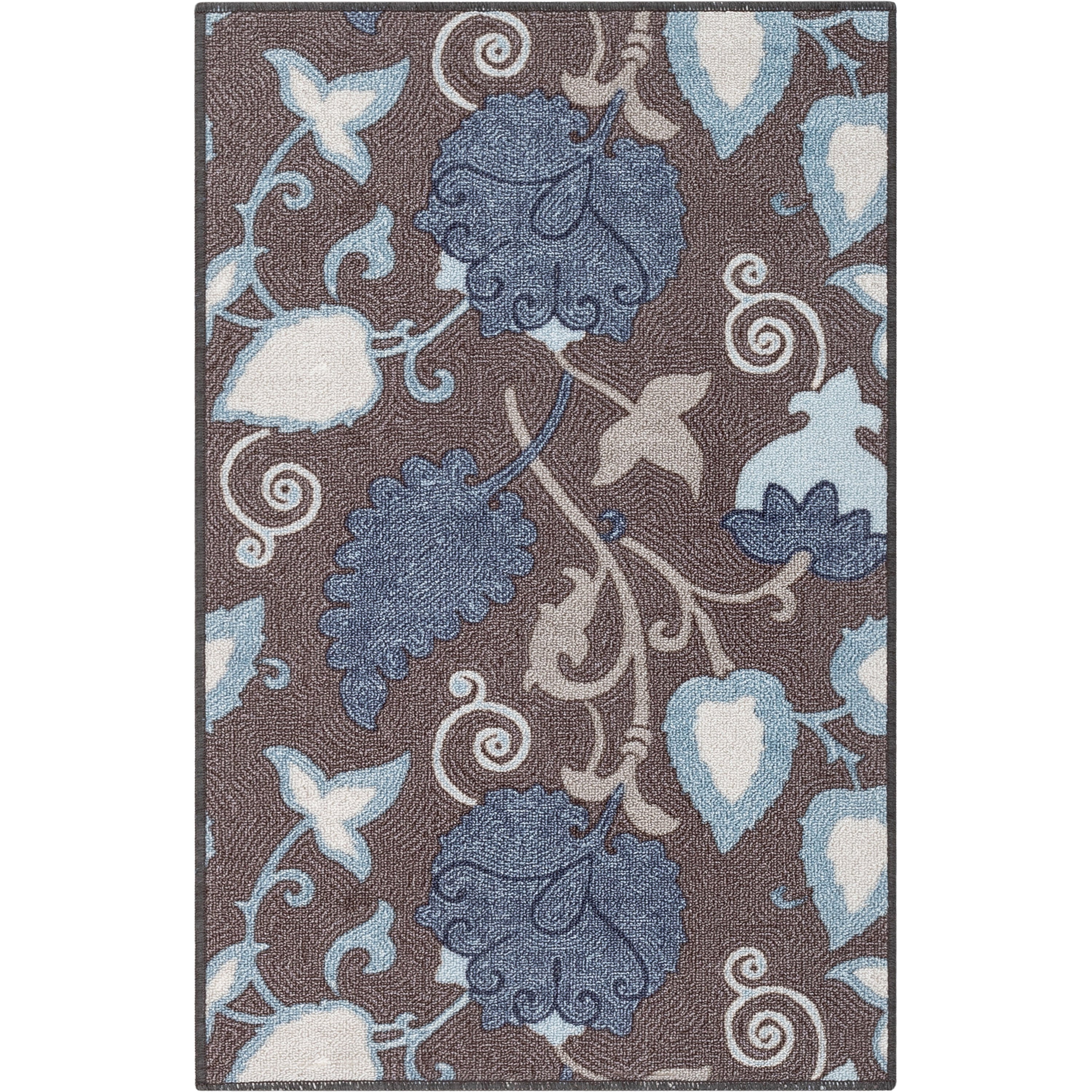 Lucy Transitional Botanical Floral Grey Blue Non-Slip Machine Washable Low Pile Indoor/Outdoor Rug