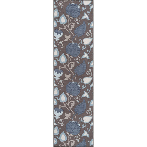 Lucy Transitional Botanical Floral Grey Blue Non-Slip Machine Washable Low Pile Indoor/Outdoor Rug