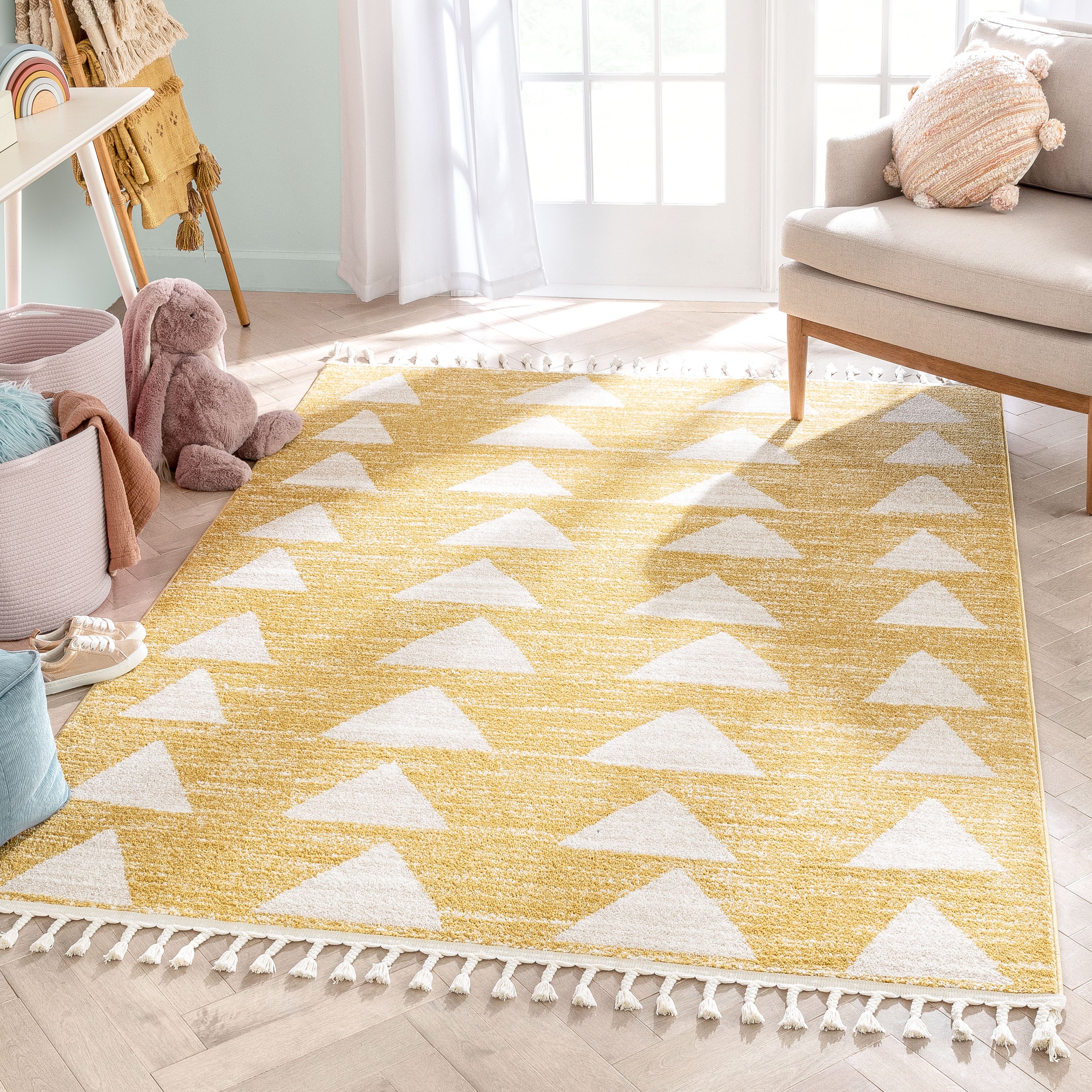 Triangles Modern Geometric Pattern Yellow Kids Rug