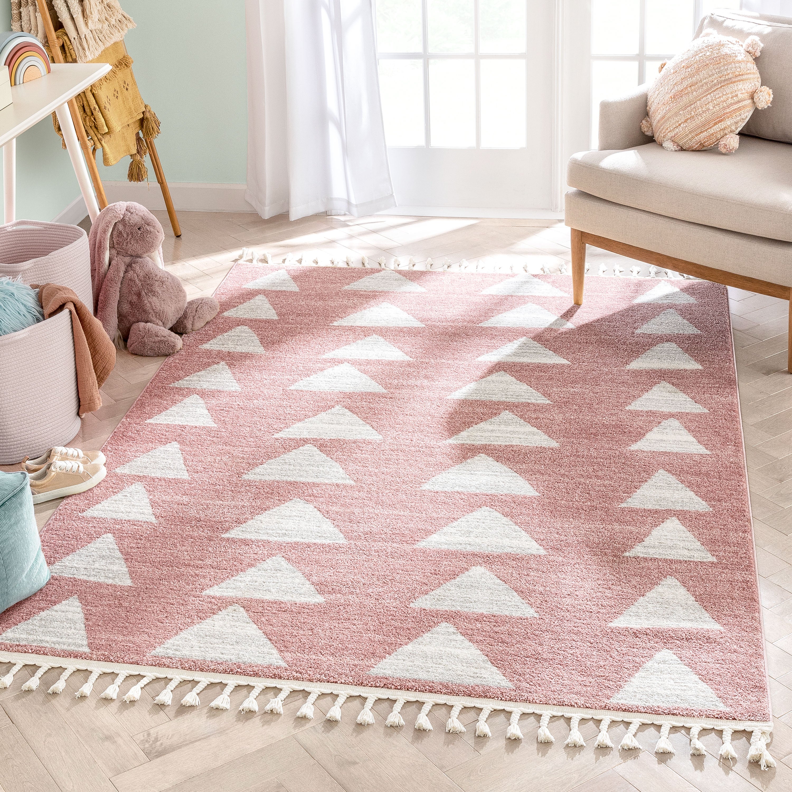 Triangles Modern Geometric Pattern Pink Kids Rug