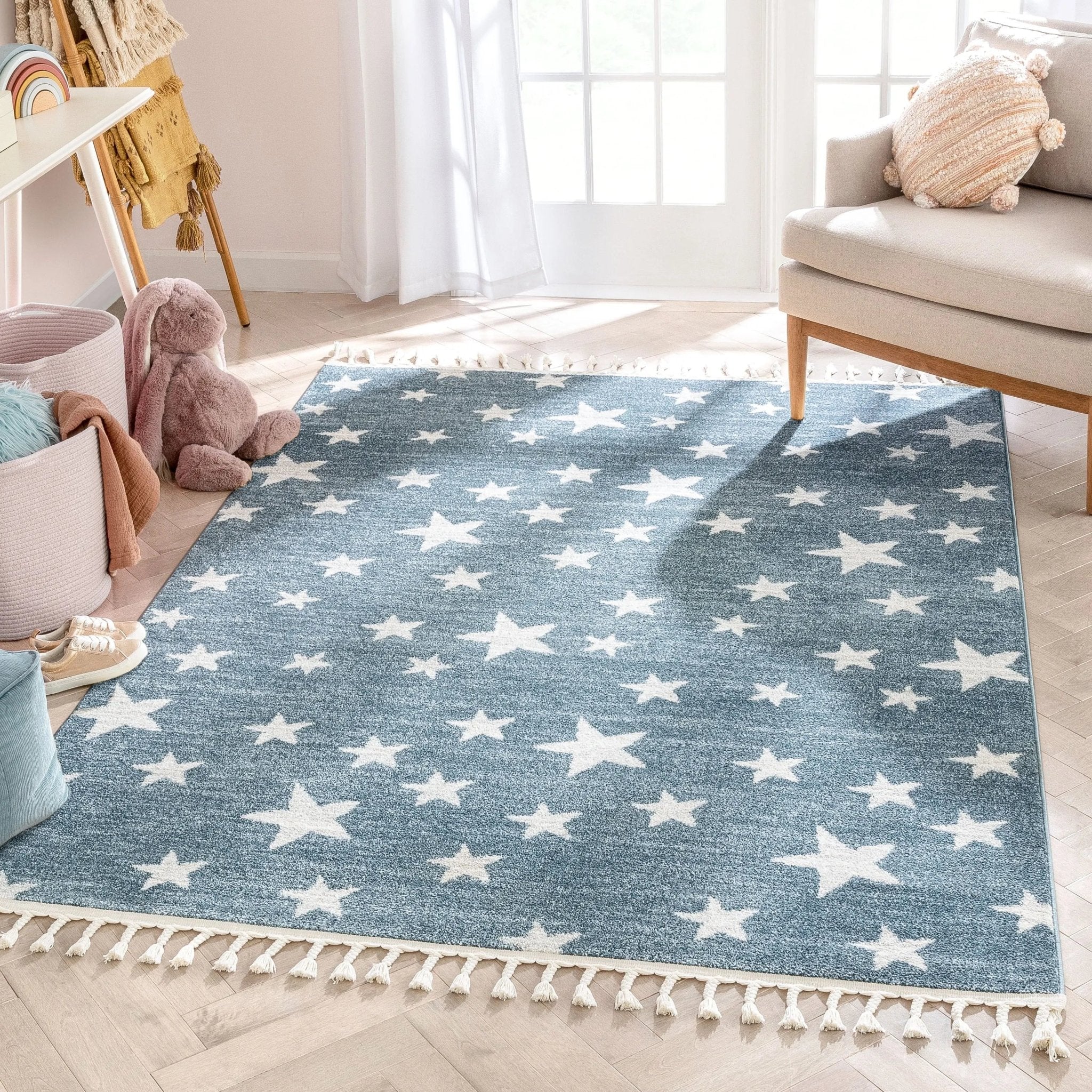 Stars Modern Geometric Blue Kids Rug Well Woven