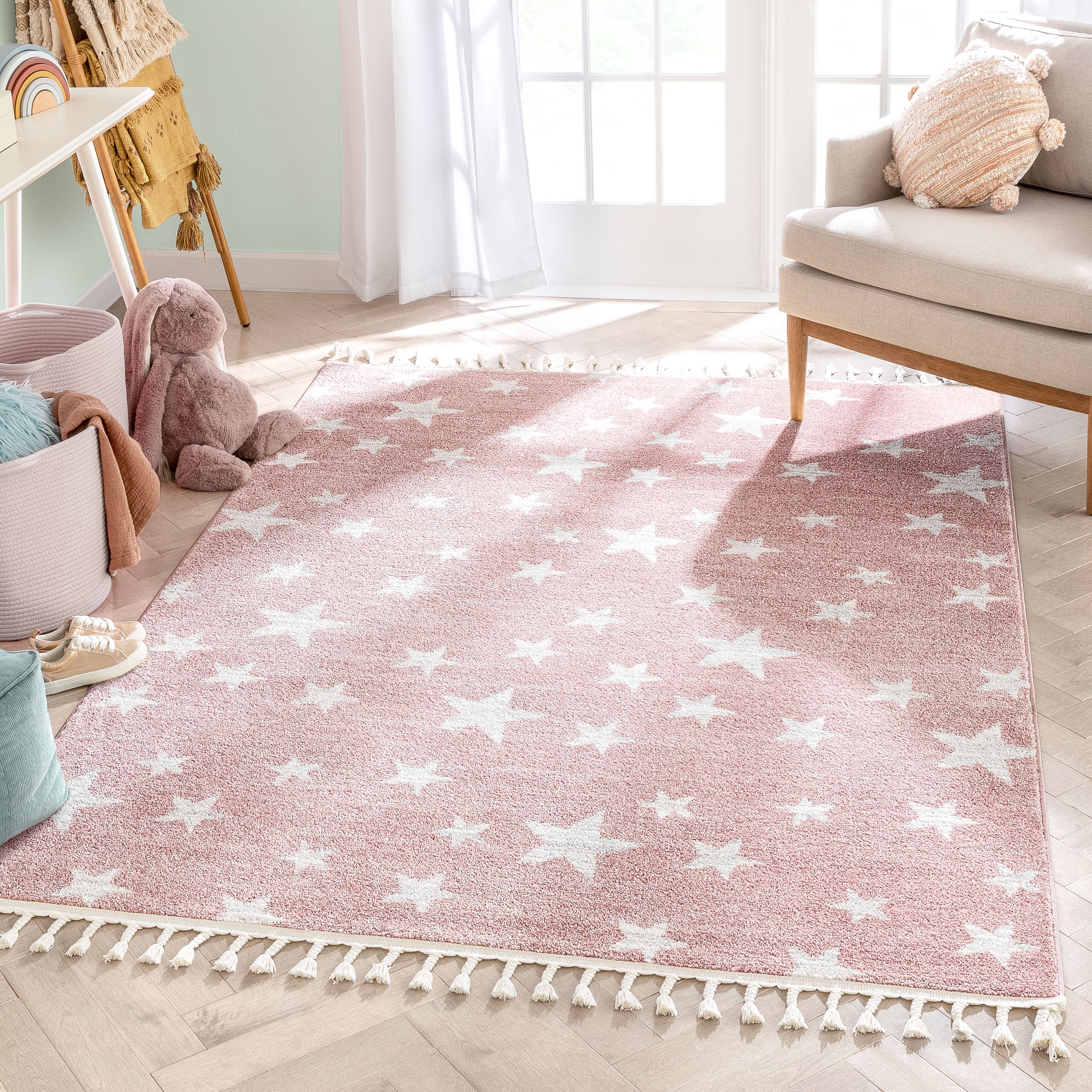 Stars Modern Geometric Pink Kids Rug