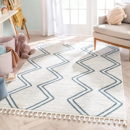 Reeve Modern Chevron Zig-Zag Blue Ivory Kids Rug