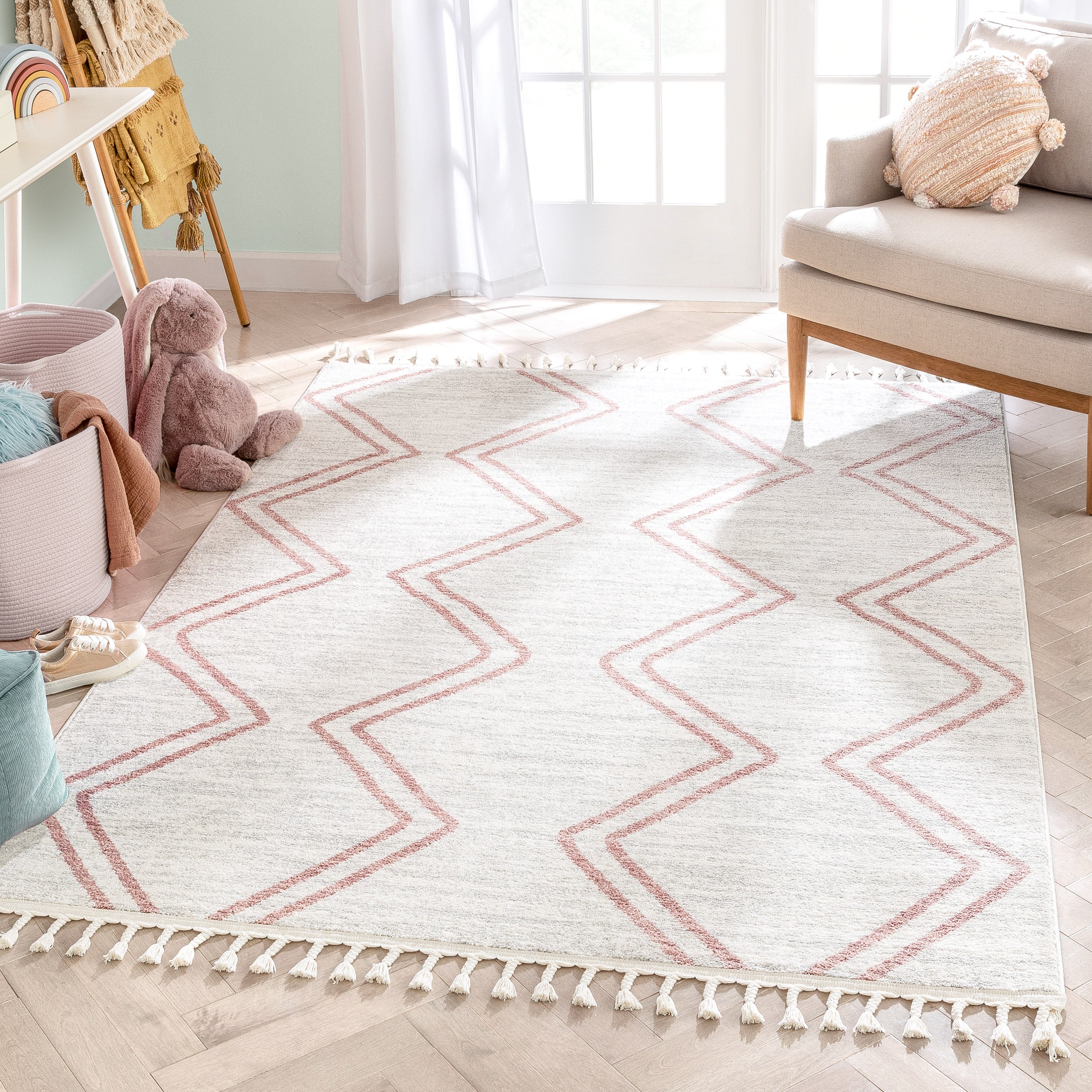 Reeve Modern Chevron Zig-Zag Pink Ivory Kids Rug