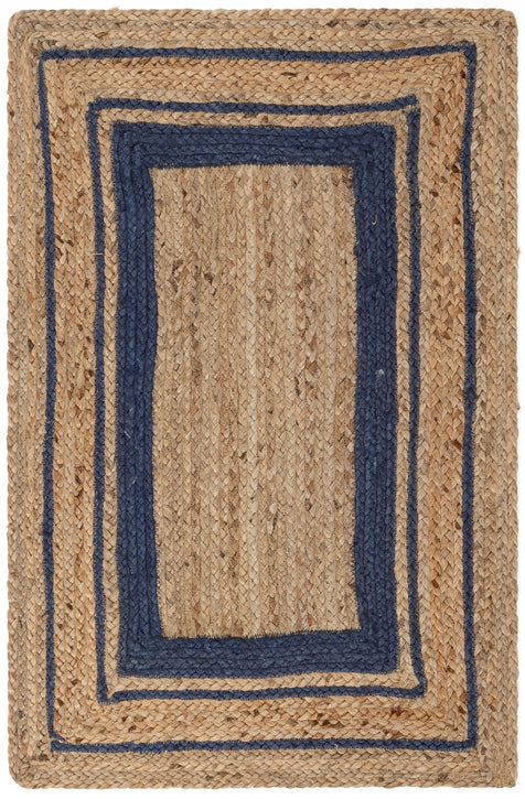 Border Pattern Jute Rug Hand-Braided Basket Weave Jute Rug Blue & Natural Color