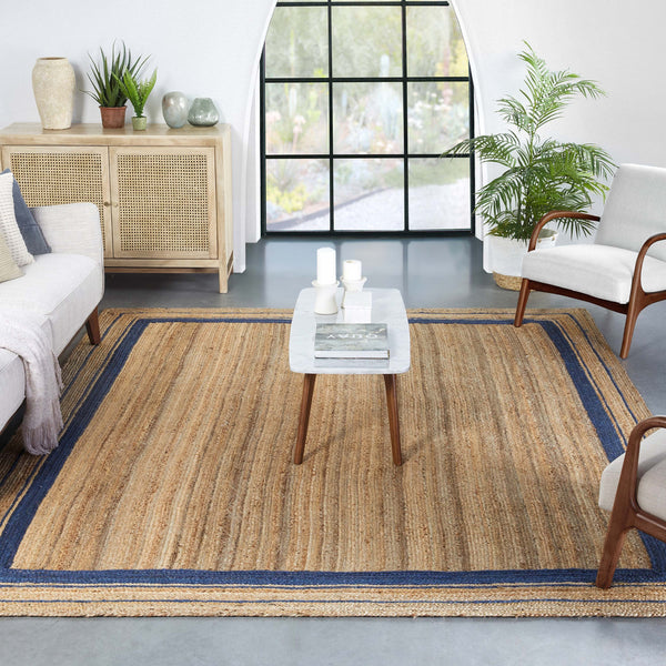 Border Pattern Jute Rug Hand-Braided Basket Weave Jute Rug Blue & Natural Color