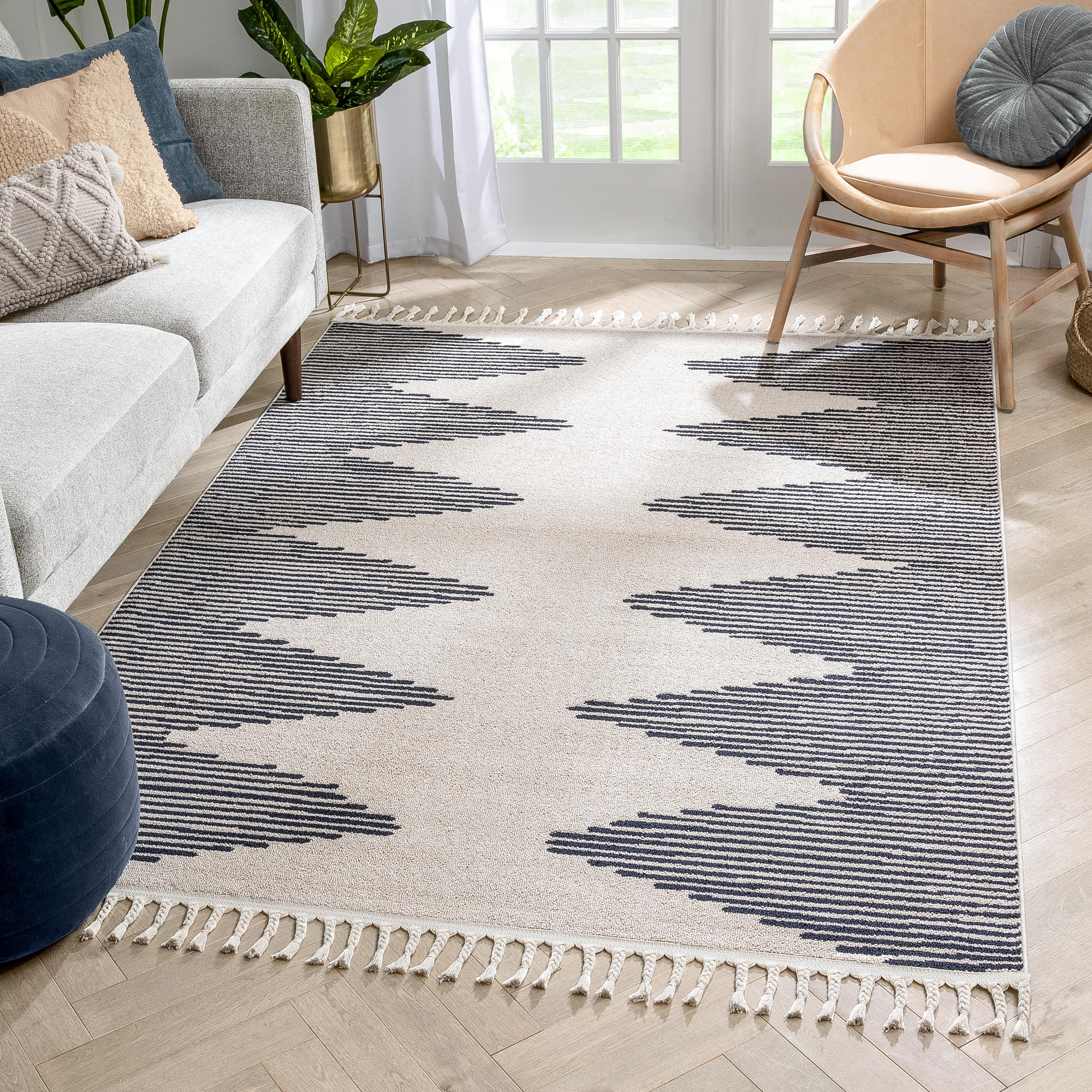 Zipped Tribal Aztec Geometric Ivory & Navy Blue Kilim-Style Rug