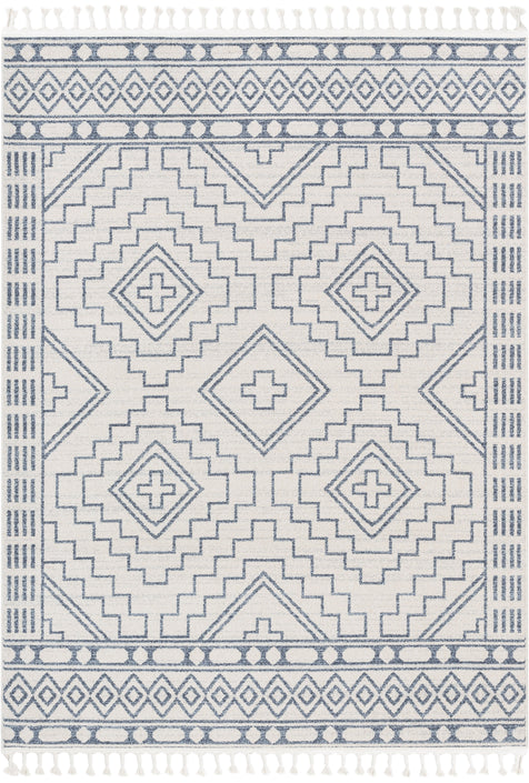 Zafer Tribal Geometric Pattern Light Blue Ivory Kilim-Style Rug