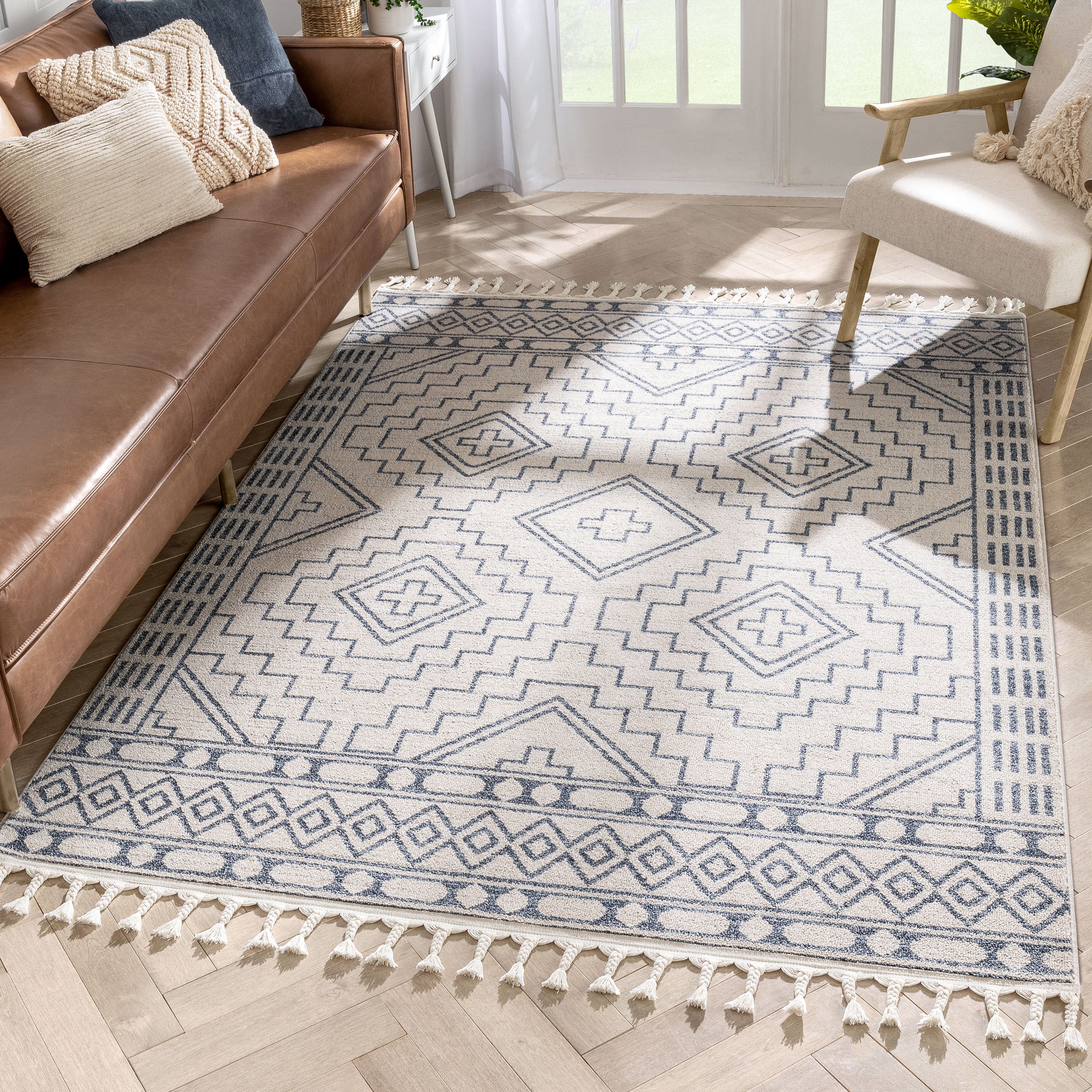 Zafer Tribal Geometric Light Blue Ivory Kilim-Style 5'3