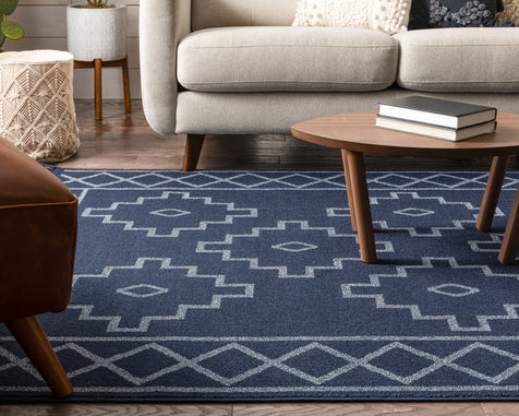 Mica Southwestern Tribal Geometric Dark Blue Kilim-Style Rug