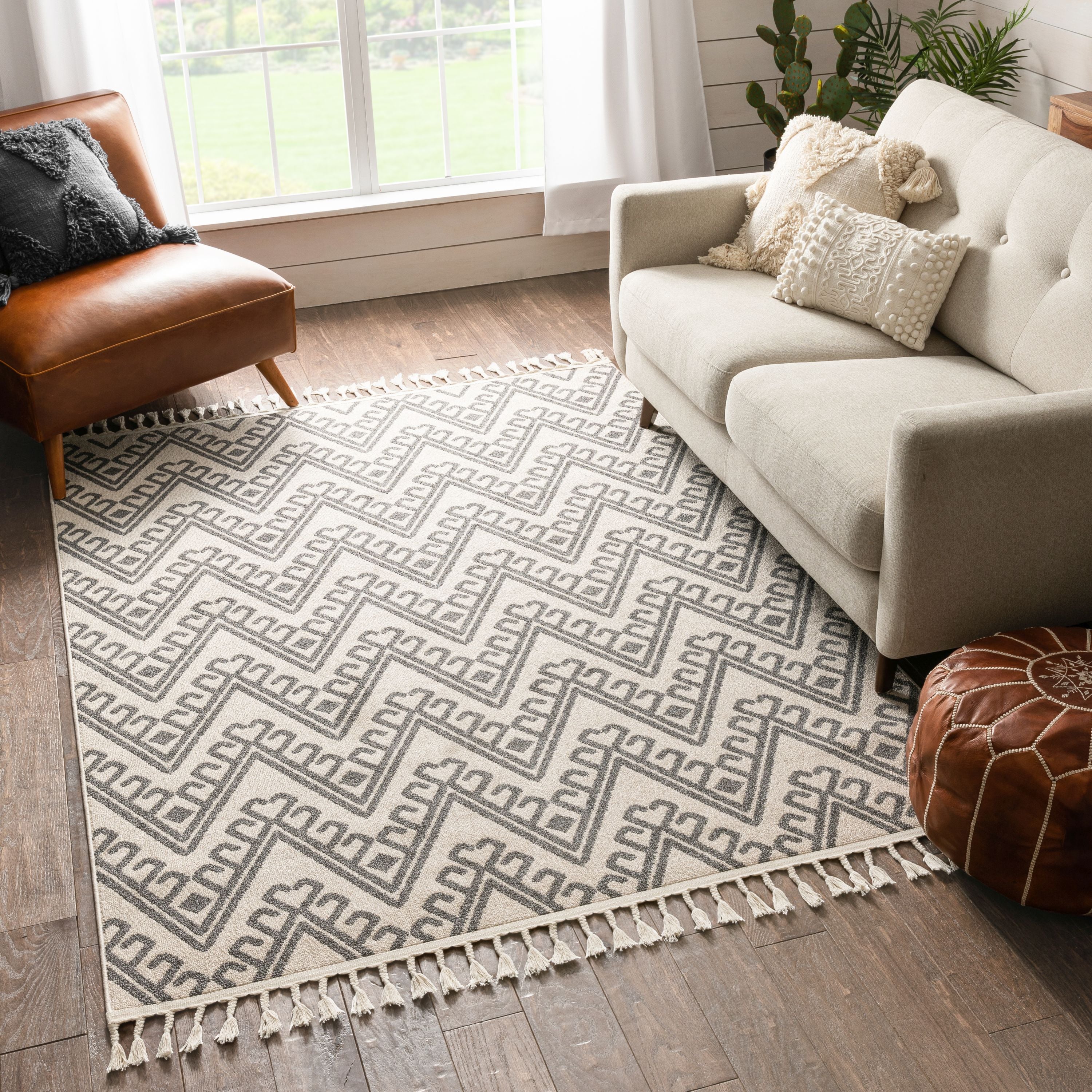 Tico Geometric Tribal Beige 5'3" x 7'3" Kilim-Style Rug