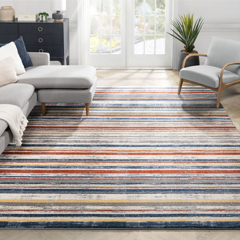 Thar Modern Stripes Ivory Multi High-Low Rug