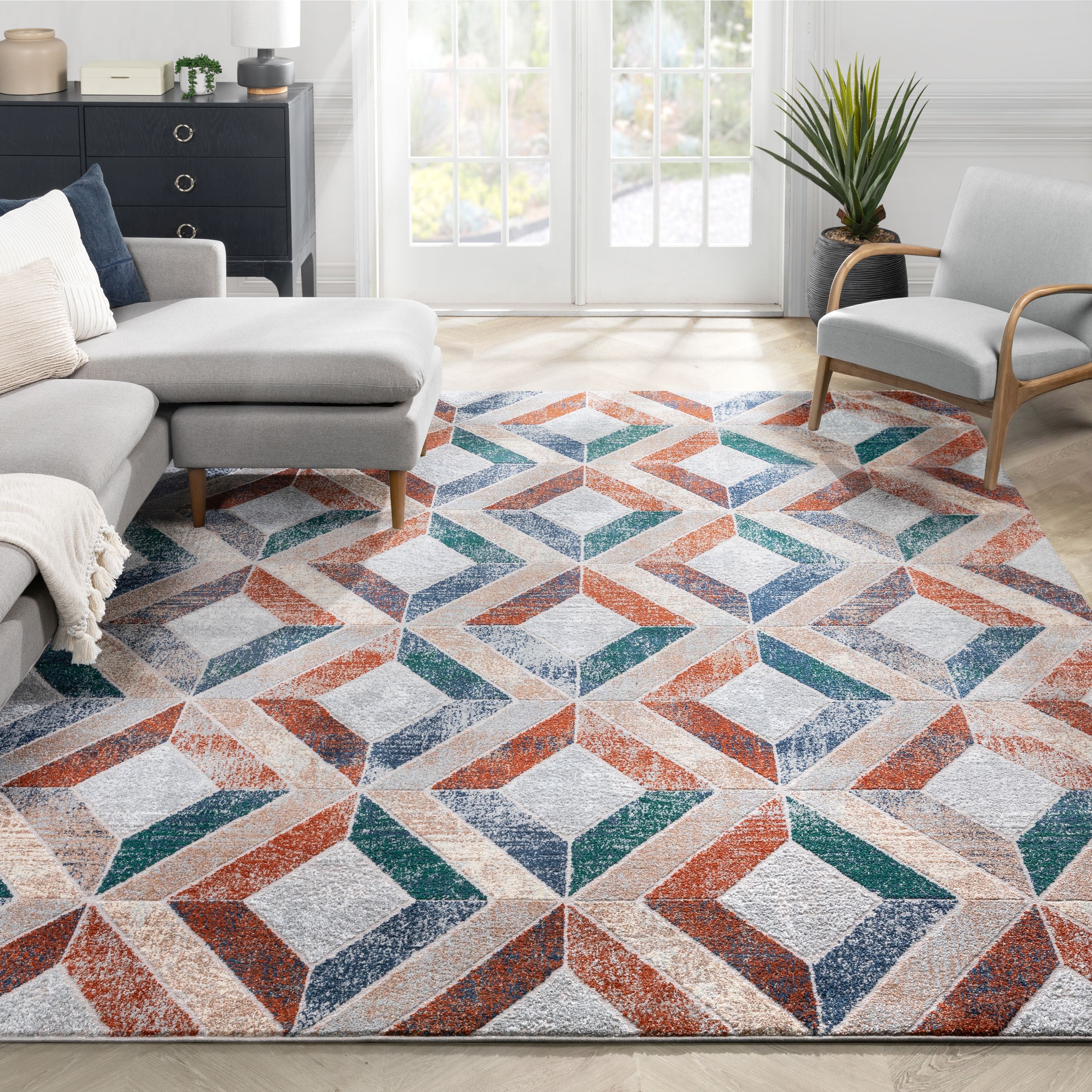 Chihua Geometric Blue Multi High-Low Rug