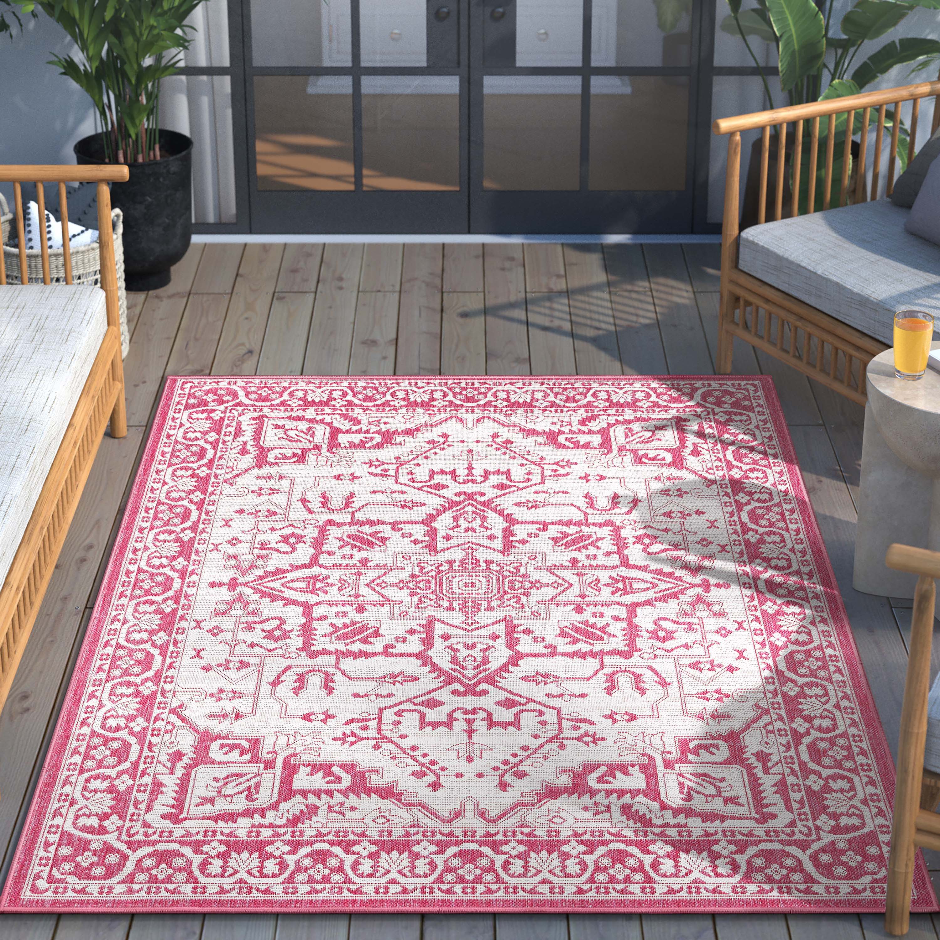 Celesine Oriental Medallion Indoor/Outdoor Fuschia Flat-Weave Rug