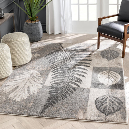 Odette Botanical Transitional Leaves Grey Vintage Rug