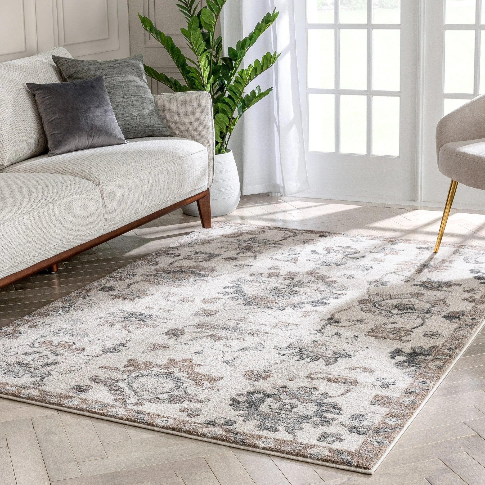 Selma Oriental Floral Pattern Ivory Vintage Rug Well Woven