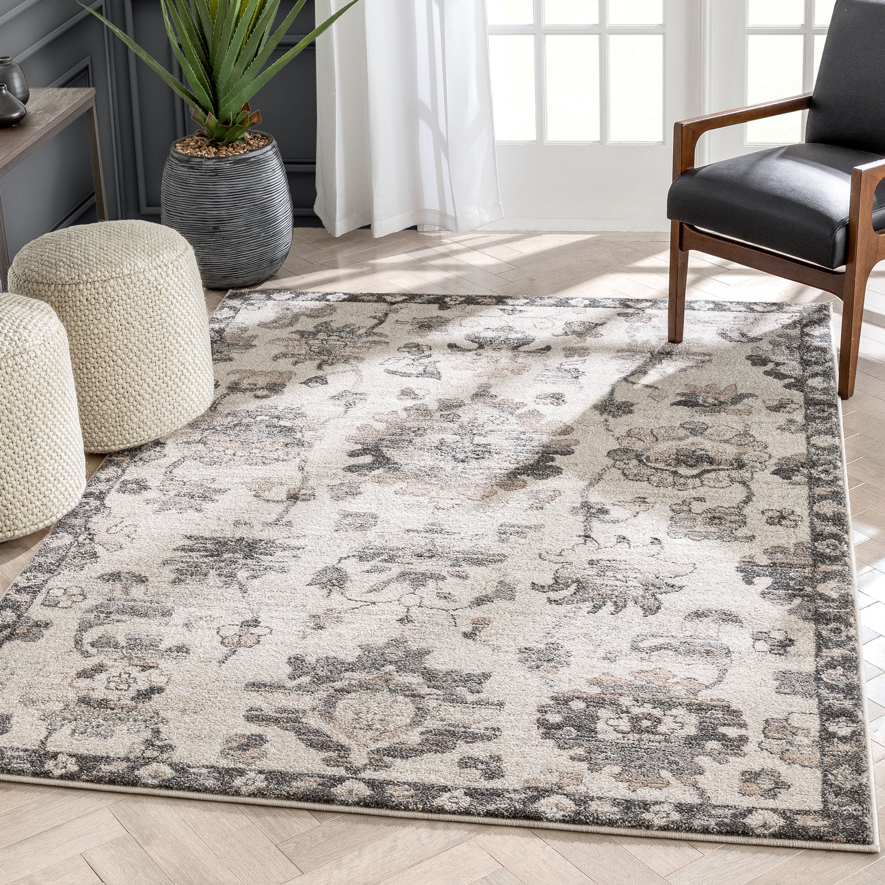 Selma Oriental Floral Pattern Grey Vintage Rug