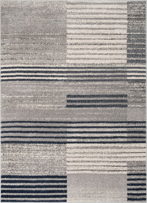 Linea Contemporary Solid & Striped Distressed Grey / Blue Rug