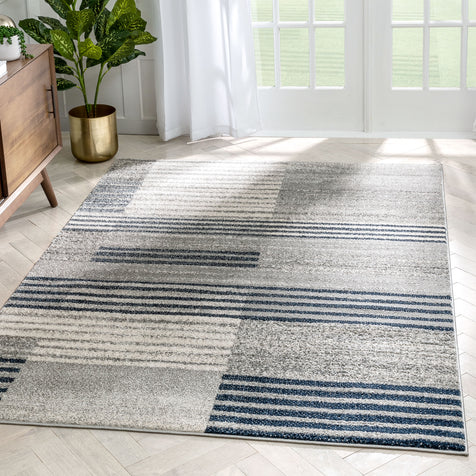 Linea Contemporary Solid & Striped Distressed Grey / Blue Rug