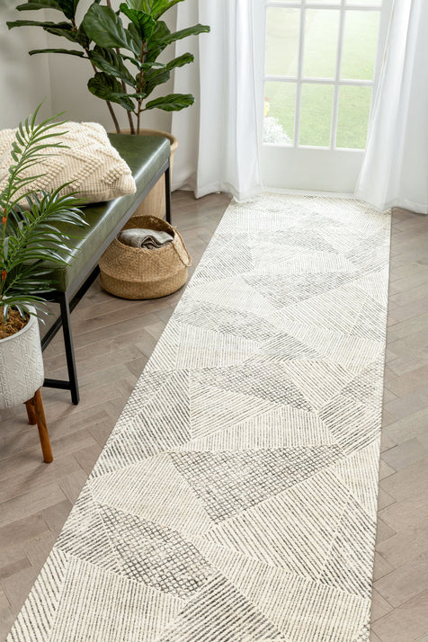 Este Mid-Century Modern Geometric Distressed Grey Kilim-Style Rug