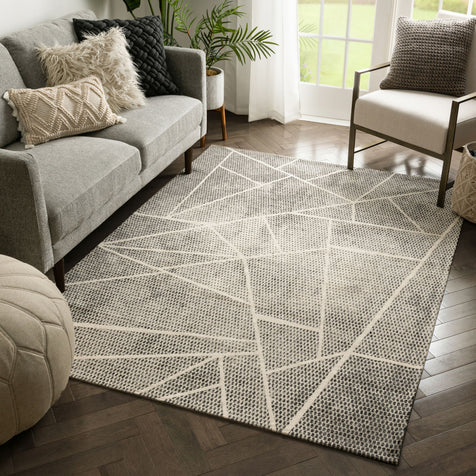 Saleme Mid-Century Modern Geometric Distressed Grey Kilim-Style Rug