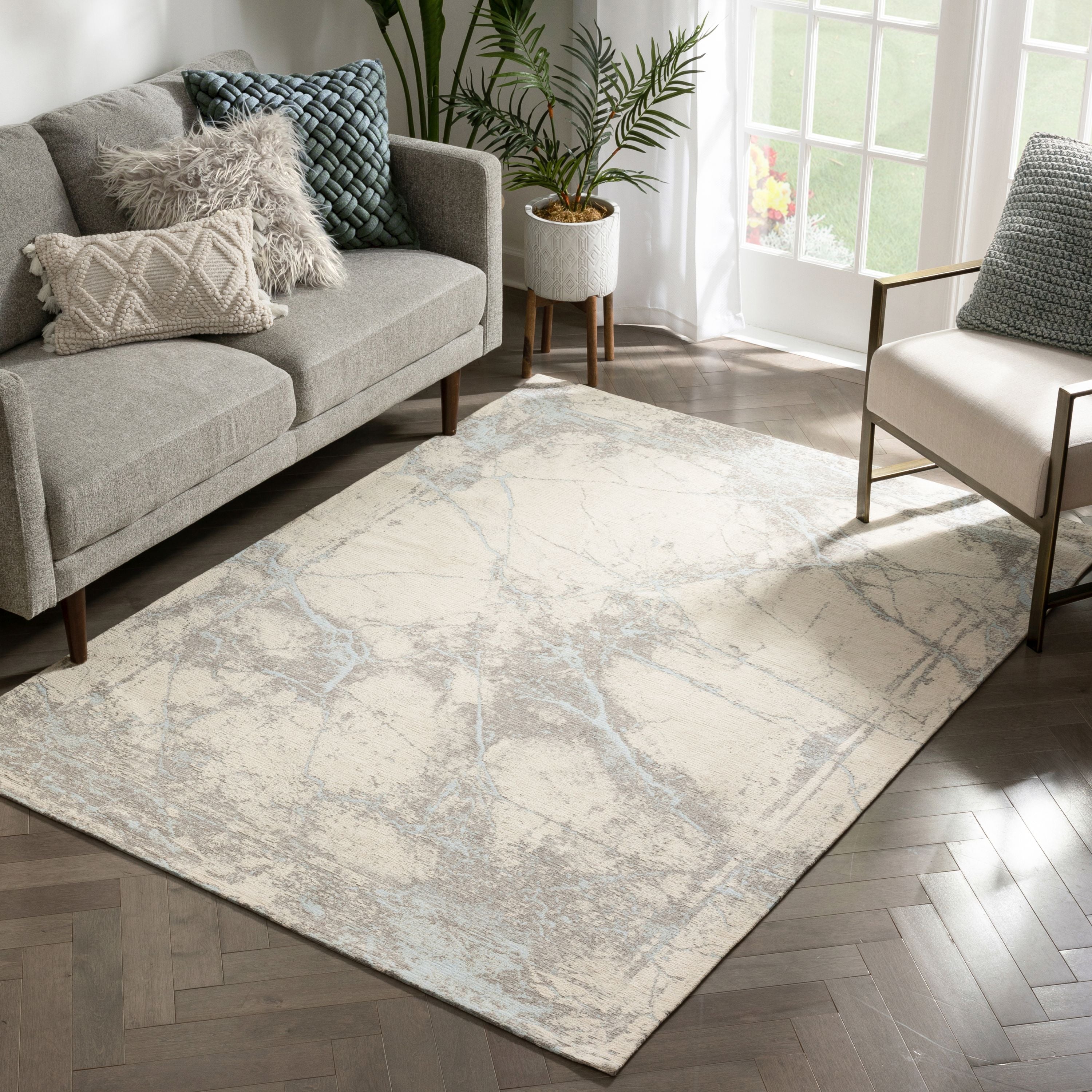 Forio Contemporary Distressed Marble Pattern Beige Kilim-Style Rug