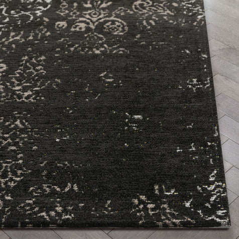 Jesi Vintage Distressed Damask Pattern Black Kilim-Style Rug
