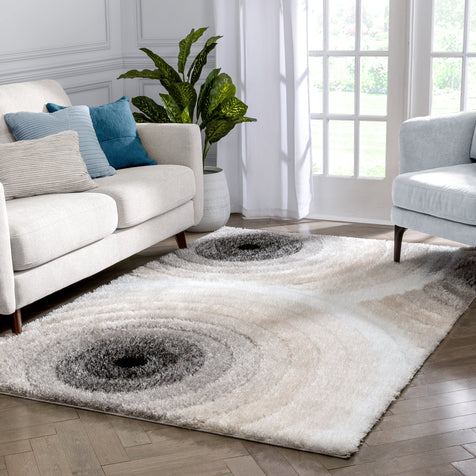 Edina Geometric Circles Shag Ivory Grey 3D Textured Rug