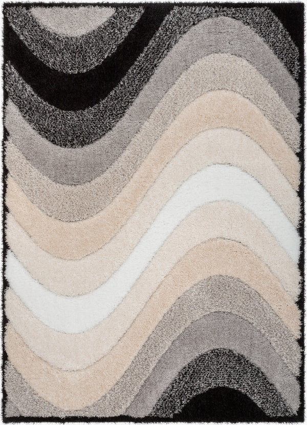 Lowry Abstract Waves Shag Black Ivory 3D Textured Rug