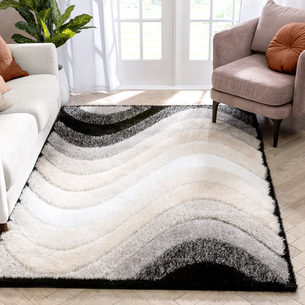 Lowry Abstract Waves Shag Black Ivory 3D Textured Rug