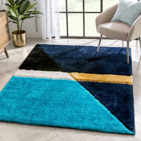 Mori Modern Abstract Geometric 3D Textured Shag Blue Yellow Rug