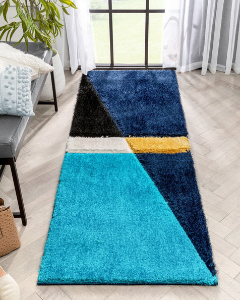 Mori Modern Abstract Geometric 3D Textured Shag Blue Yellow Rug
